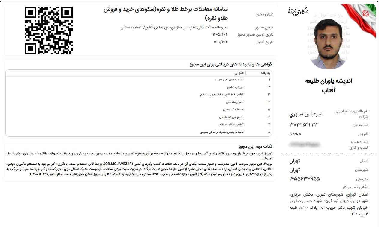 مجوز معاملات بر خط طلا